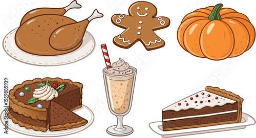 Flat Icon Set of Holiday Festive Foods Roast Turkey, Pumpkin Pie, Eggnog, and Gingerbread Cookies in Minimal Style on White Background.