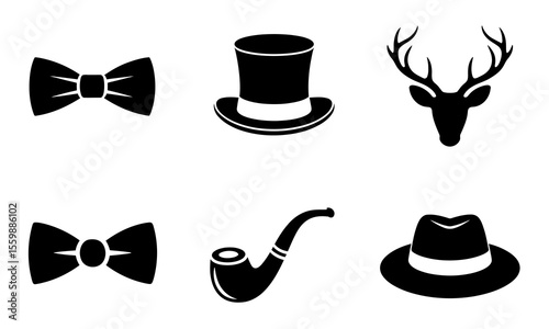 Vintage Fashion Icons Set. Bow Tie, Top Hat, Deer Head, Pipe, and Fedora