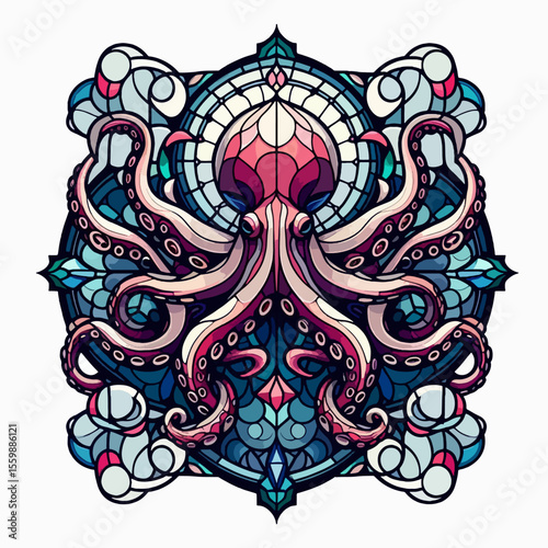 Intricate stained glass style illustration of an octopus with symmetrical patterns and vibrant colors.