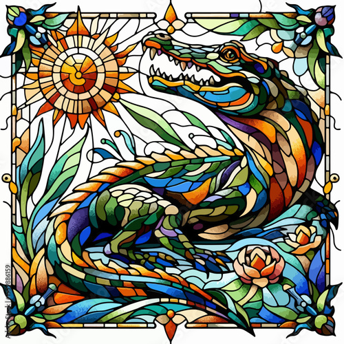Stained glass artwork depicting a colorful alligator basking in the sun surrounded by aquatic plants.