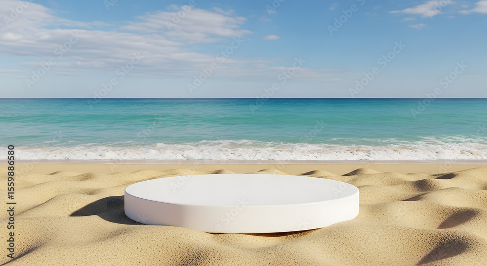 Obraz premium 3D Render of Summer Podium Setup on Seashore with Travel Island View