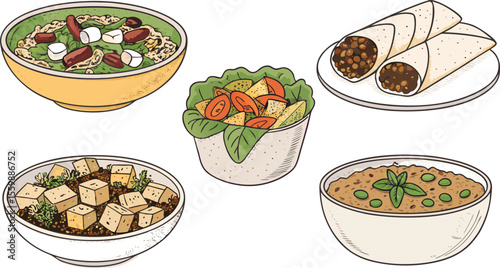 Colorful flat Icon Set of Vegetarian Meals including Quinoa Bowl, Tofu Dish, Lentil Stew, and Veggie Wrap in Minimal Style on White Background.