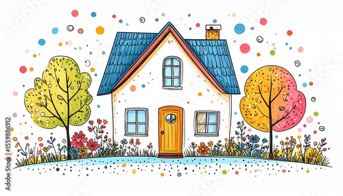 Lively house surrounded by trees and flowers illustrated in hand-drawn doodle