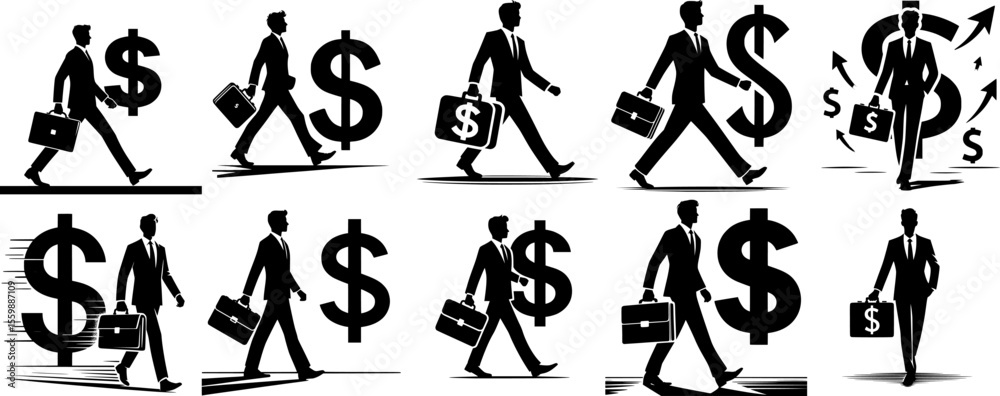 Naklejka premium set of ten businessperson silhouette with dollar briefcase, walking confidently forward.