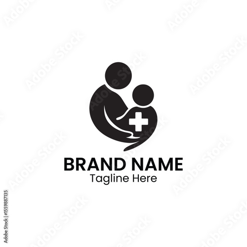 Black logo of person holding child with plus sign and brand name and tagline text