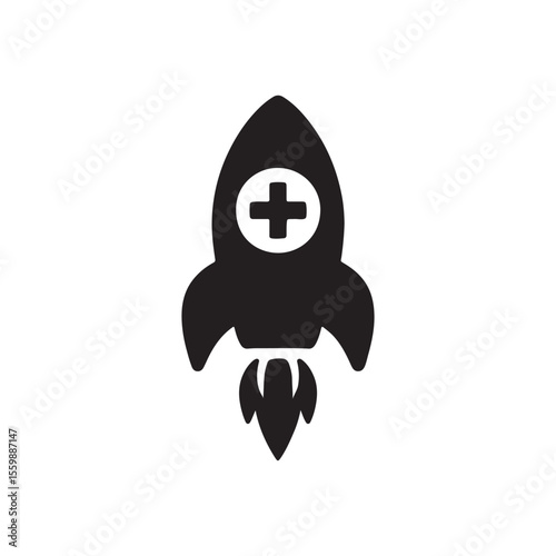 A black rocket with a plus sign on it taking off on a white background illustration