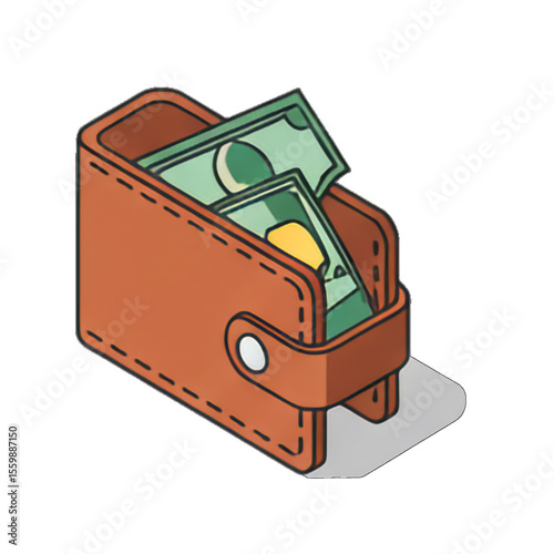 Isometric illustration of a brown leather wallet containing US dollars and a credit card.