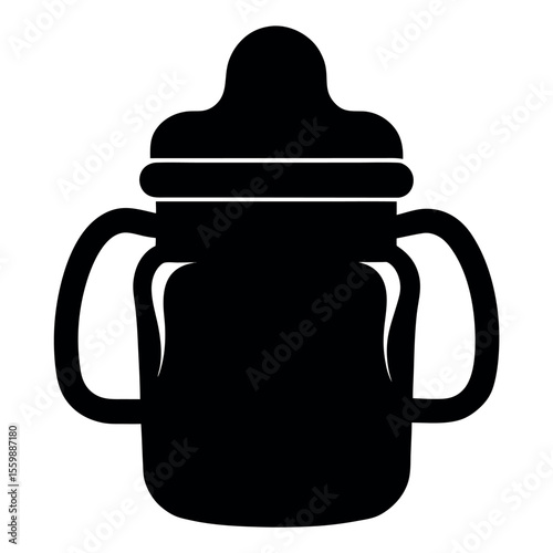 Black silhouette of a toddler’s sippy water bottle with twin handles on white background