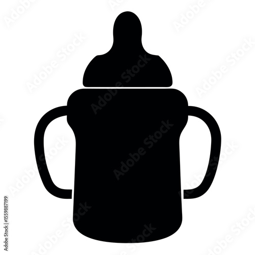 Black silhouette of a toddler’s sippy water bottle with twin handles on white background