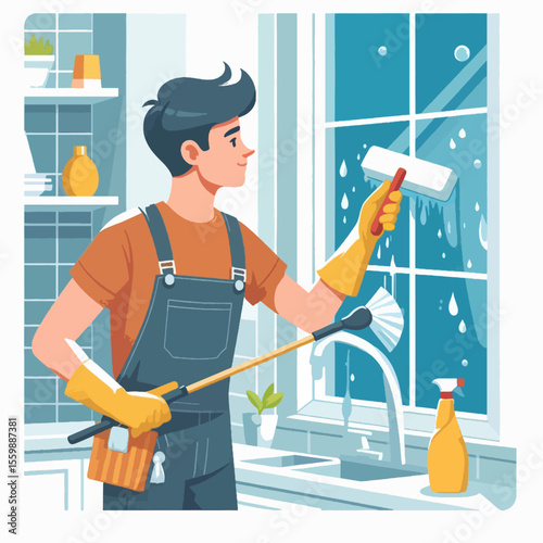 A man in overalls and yellow gloves cleans a window with a squeegee and brush in a bright kitchen.