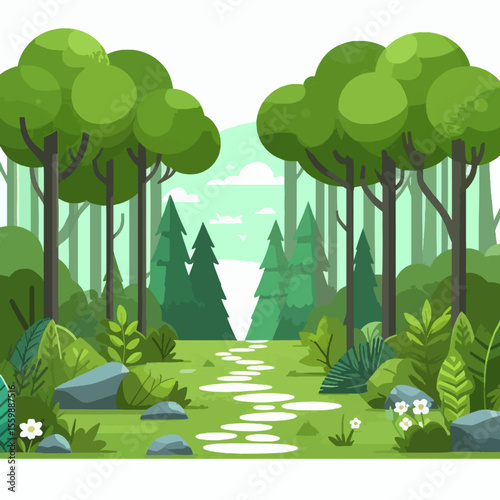 A stepping stone path winds through a lush green forest clearing with trees and bushes in a flat vector illustration style.