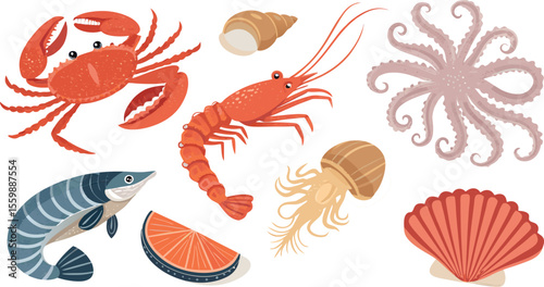 set of sea animals Flat Icon Set of Seafood Items Shrimp, Crab, Mussel, Fish Fillet, and Octopus in Minimal Style on White Background.