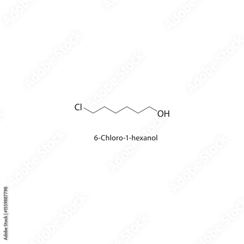 6-Chloro-1-hexanol skeletal structure. Halogenated alcohol compound schematic illustration. Simple diagram, chemical formula.