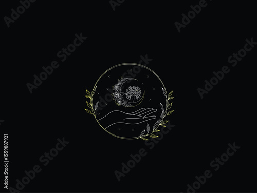 Mystical circular logo with crescent moon, hands, and celestial elements on a dark background, symbolic of magic and dreams