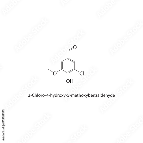 3-Chloro-4-hydroxy-5-methoxybenzaldehyde skeletal structure. Aromatic aldehyde compound schematic illustration. Simple diagram, chemical formula.