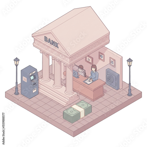 Isometric illustration of a classic bank building with teller and ATM.