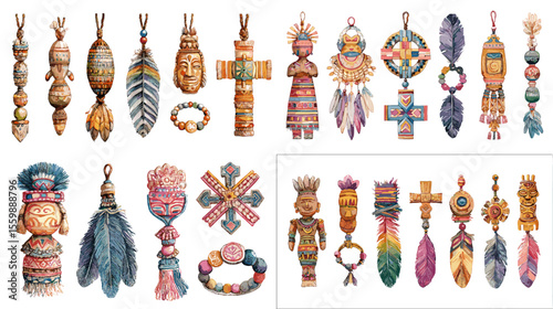 Boho and tribal ornament illustration featuring feathers, masks, crosses, dolls, and charms in vibrant ethnic style. Great for decoration and craft themes.

