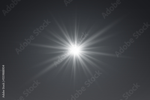 Bright white star light effect with glowing rays and sparkle, solar flare and magic flare.