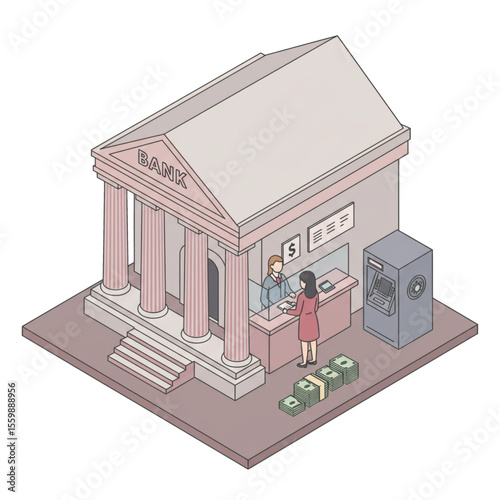 Isometric illustration depicts a bank building with customers and money transactions.