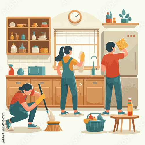 A family diligently cleans their kitchen, with one person mopping the floor, another wiping down the refrigerator, and a third cleaning the sink.