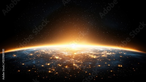 Stunning View of Earth at Dawn with Illuminated Cities and Stars in Space Over a Cosmic Background