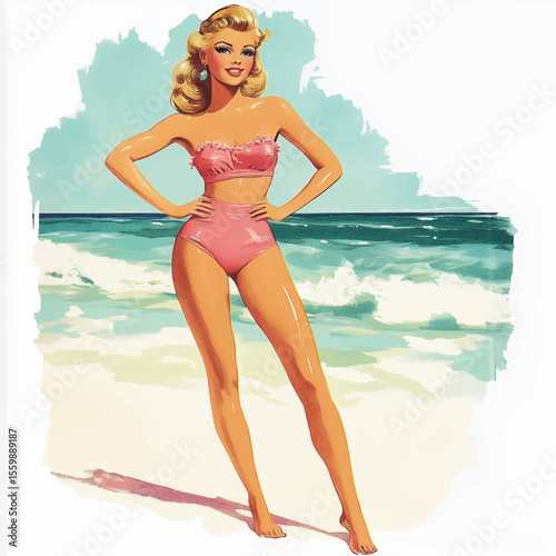vintage cartoon illustration of beautiful woman on beach, retro style