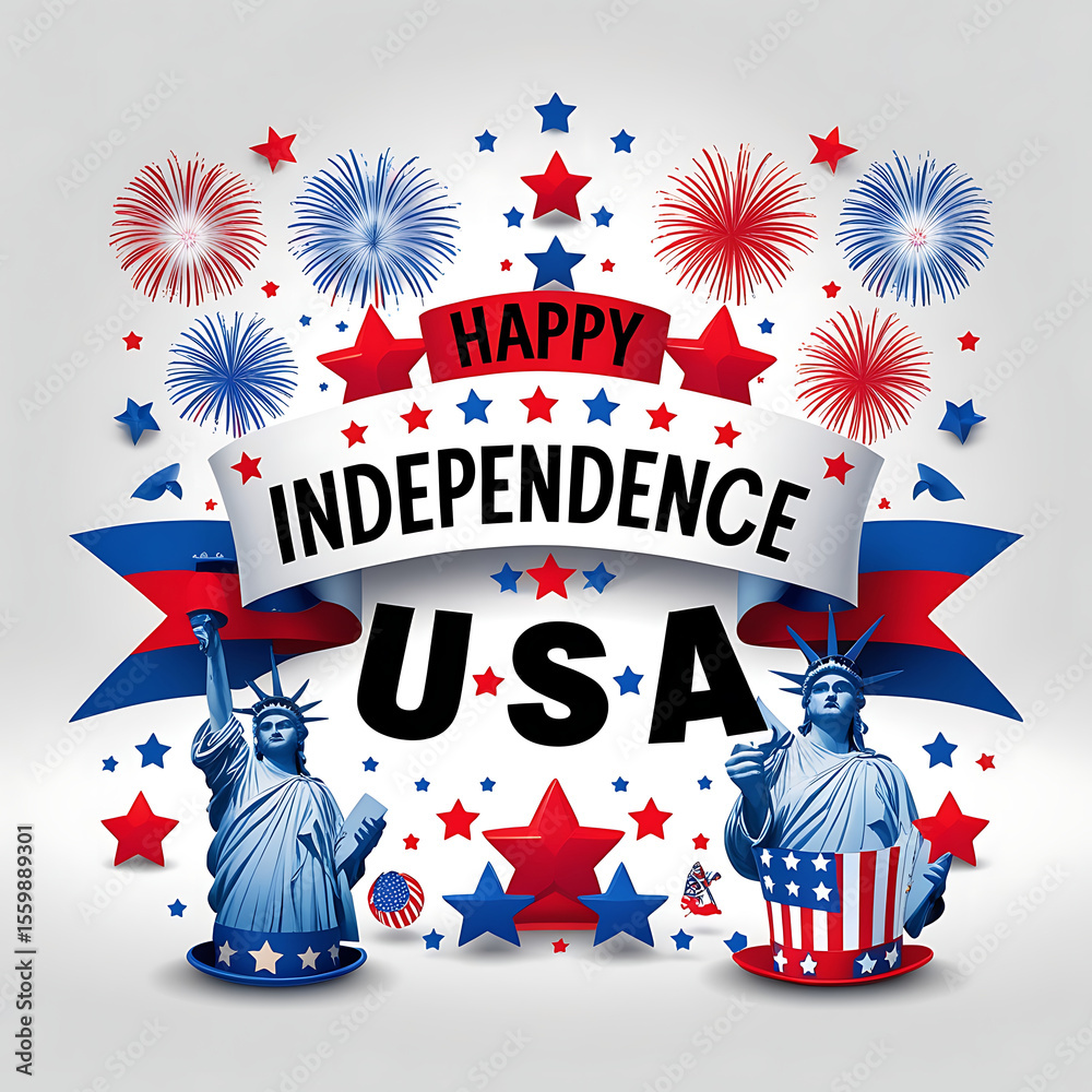 Obraz premium Patriotic Independence Day Illustration with Ribbon Banner Fireworks and USA Symbols