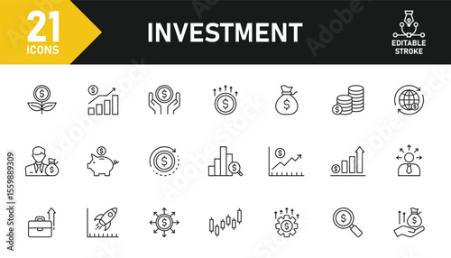 Investment line icon set. Set of 21 outline icons related to investment, investor, asset, risk management, trader, economy, financial gain, mutual fund and others. Editable stroke. Vector illustration