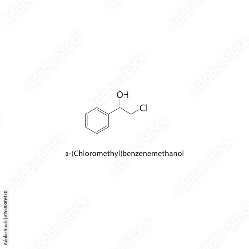 α-(Chloromethyl)-benzenemethanol skeletal structure. Aromatic alcohol compound schematic illustration. Simple diagram, chemical formula.