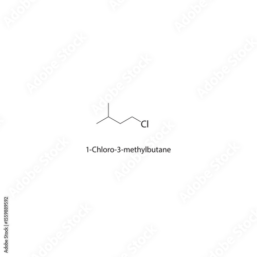 1-Chloro-3-methylbutane skeletal structure. Haloalkane compound schematic illustration. Simple diagram, chemical formula.