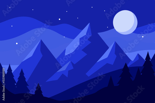 A breathtaking night winter landscape with snow-covered mountains under a starry sky and full moon