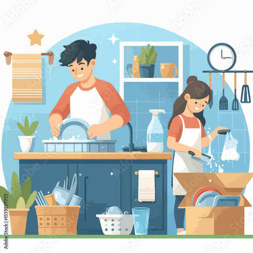 A young couple happily washing and packing dishes together in a bright, modern kitchen illustration.