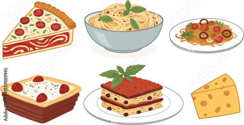Flat Icon Set of Italian Dishes on White Background Includes Pizza Slice, Spaghetti Bowl, Lasagna, Ravioli, Risotto, and Bruschetta.