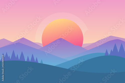Panoramic mountain landscape at dawn with misty valleys, winter forests, and a clear sky over the sunlit horizon