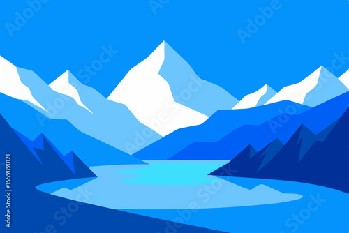 A panoramic winter mountain landscape with a serene lake reflecting snow-capped peaks under a vast blue sky