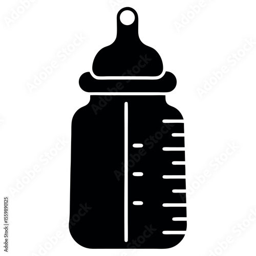 Solid black silhouette of a baby feeding bottle with nipple top and measurement markings