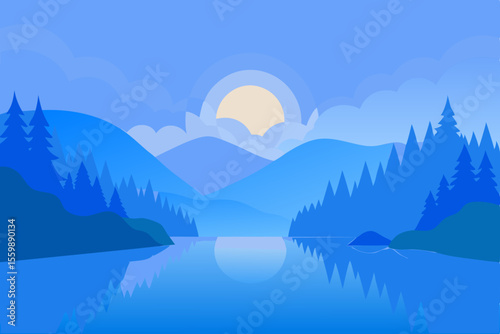 Mountain landscape with lake, sky, and sun in the morning mist