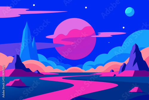Moon and stars over a tranquil ocean at night, with a distant ship silhouetted against the sky