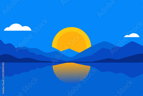 A vibrant vector illustration of a tranquil sunset over the ocean, featuring a golden sun sinking behind distant mountains and gentle waves lapping a serene beach