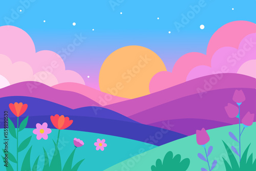 A vibrant summer landscape bursts with colorful flowers and playful butterflies under a bright blue sky, showcasing green fields, rolling hills, and distant mountains