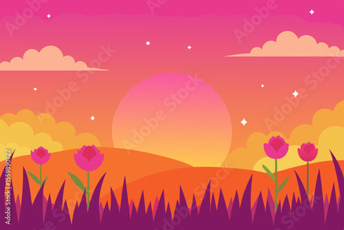 Here is your sentence:

A beautiful summer landscape illustrates a vibrant sunset over a field of flowers with distant mountains, casting a warm glow across the green grass and sky