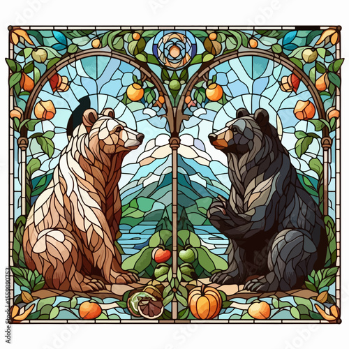 Stained glass art depicting two bears, one light brown and one black, sitting opposite each other amidst a backdrop of mountains, fruit trees, and pumpkins.