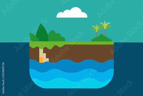 Vector illustration of a summer island landscape with a tree, sea, sky, and sun
