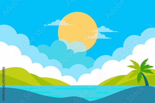 Serene Summer Landscape Tropical Beach Scene with Sun, Clouds, and Palm Tree