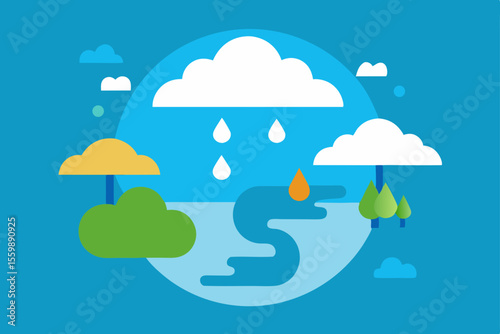 Water Cycle Clouds, Rain, and River Illustration
