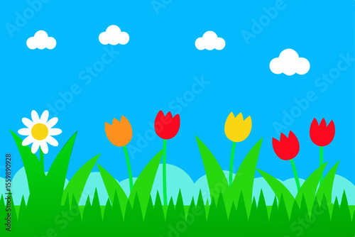 Springtime Meadow Colorful Tulips and Daisies in a Sunny Landscape