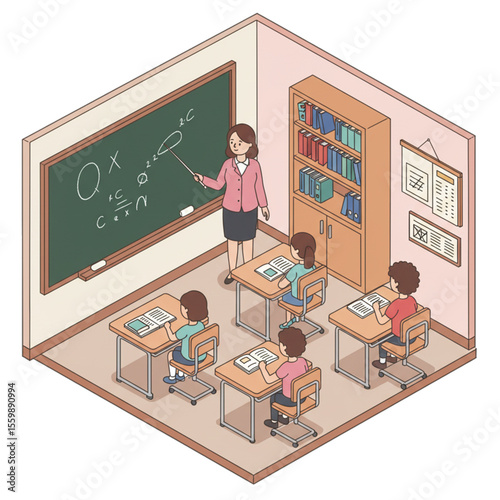 Isometric illustration of a teacher pointing at a chalkboard while students sit at their desks in a classroom.