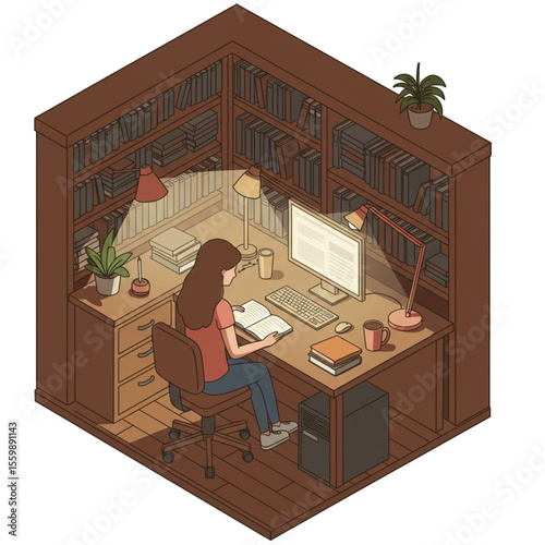 A woman studying at a corner desk in a cozy home library, surrounded by bookshelves and plants.