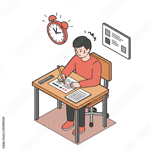 Stressed student struggles with exam, time running out, feeling anxious.