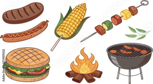Flat Icon Set of BBQ Grill Items on White Background Includes Grilled Steak, Sausage, Corn Cob, BBQ Skewer, Burger Patty, and Fire Grill.